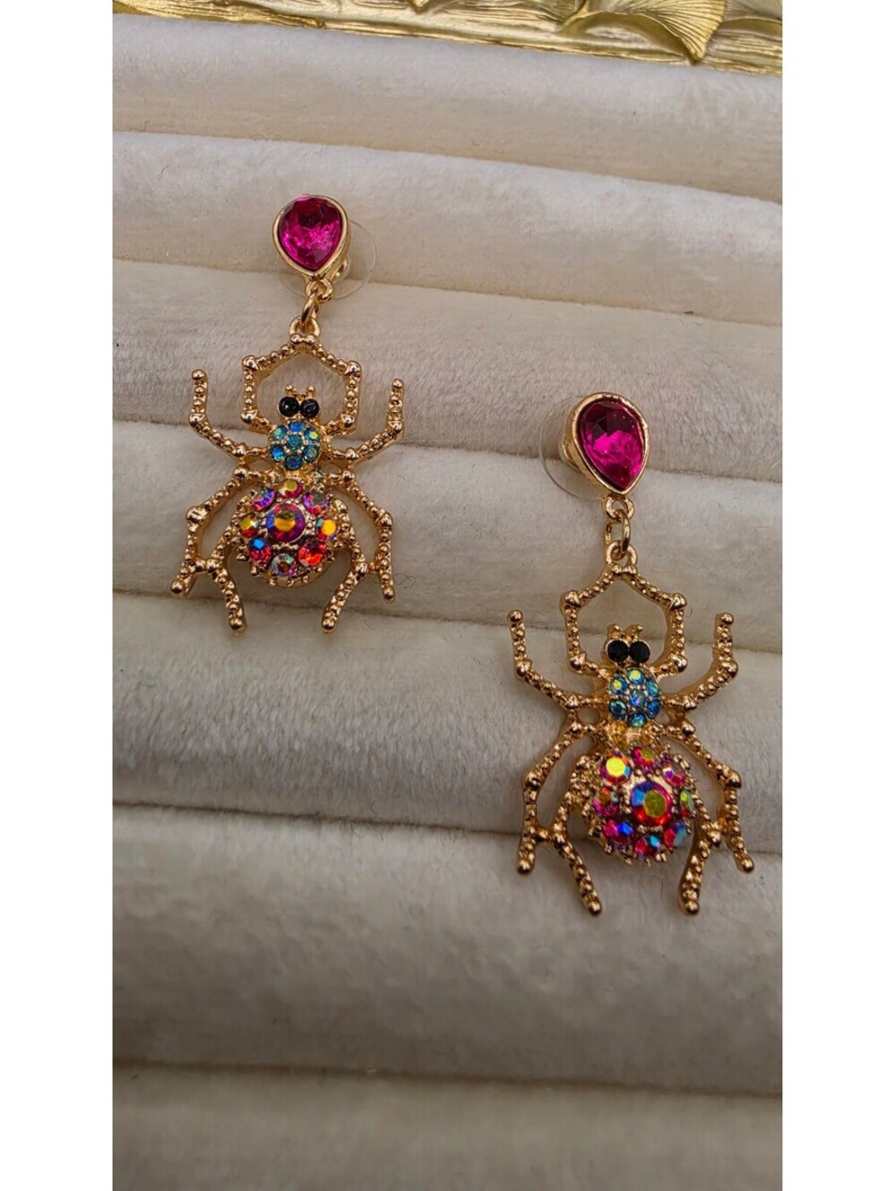 Unique Spider Earrings with 18K Gold Plating and Colorful Glass Stones